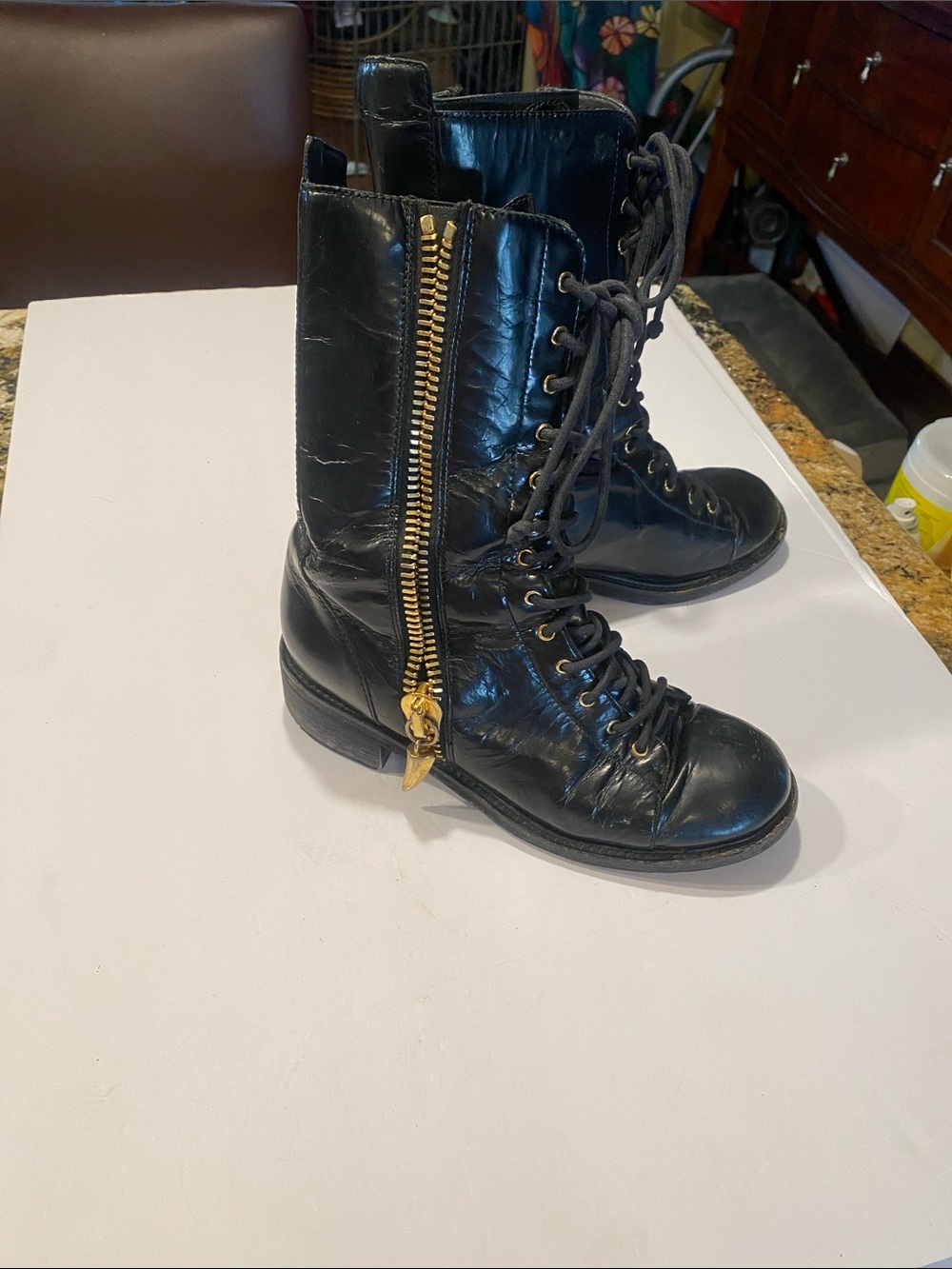 Vero Cuoio Black Leather Lace-Up Boots with Gold Italian horn zipper size 38